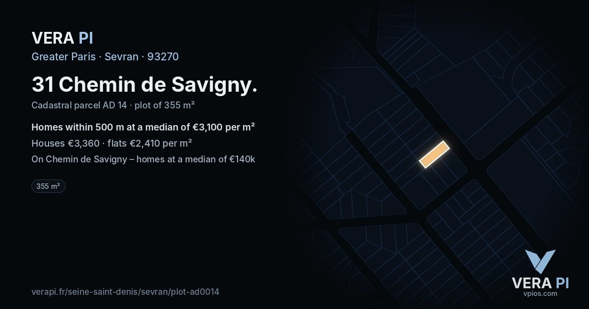 31 Chemin de Savigny, Sevran at night – the plot lit, the parcels around coloured by the prices near them