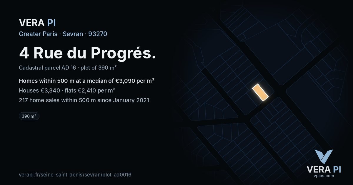 4 Rue du Progrés, Sevran at night – the plot lit, the parcels around coloured by the prices near them