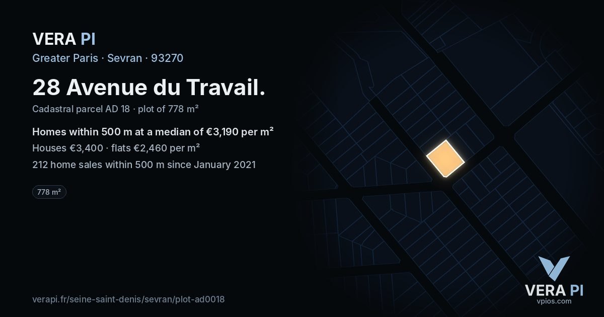 28 Avenue du Travail, Sevran at night – the plot lit, the parcels around coloured by the prices near them