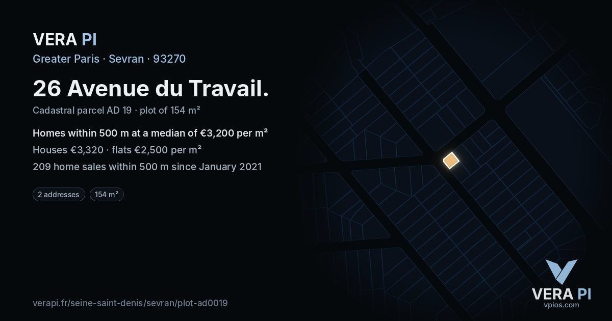 26 Avenue du Travail, Sevran at night – the plot lit, the parcels around coloured by the prices near them