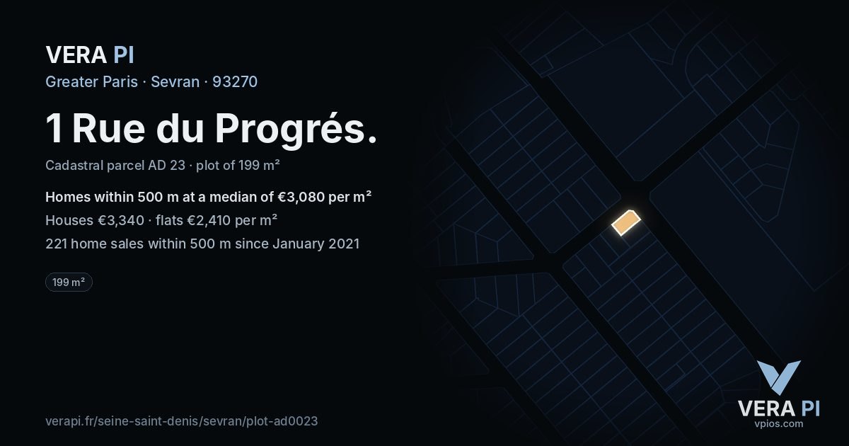 1 Rue du Progrés, Sevran at night – the plot lit, the parcels around coloured by the prices near them