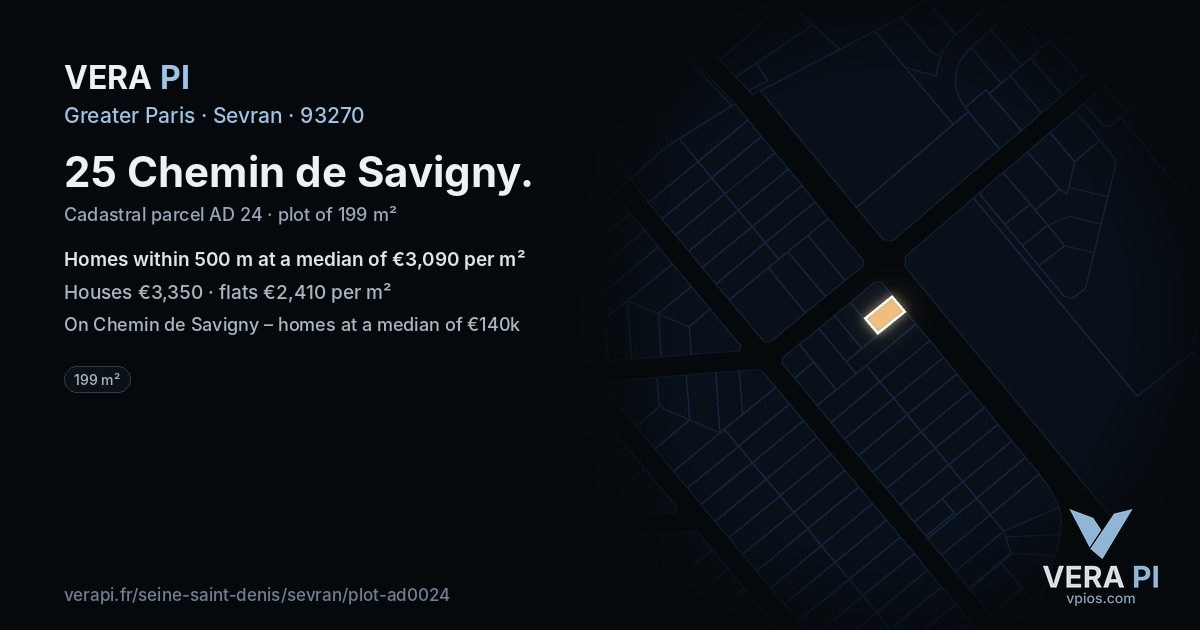 25 Chemin de Savigny, Sevran at night – the plot lit, the parcels around coloured by the prices near them