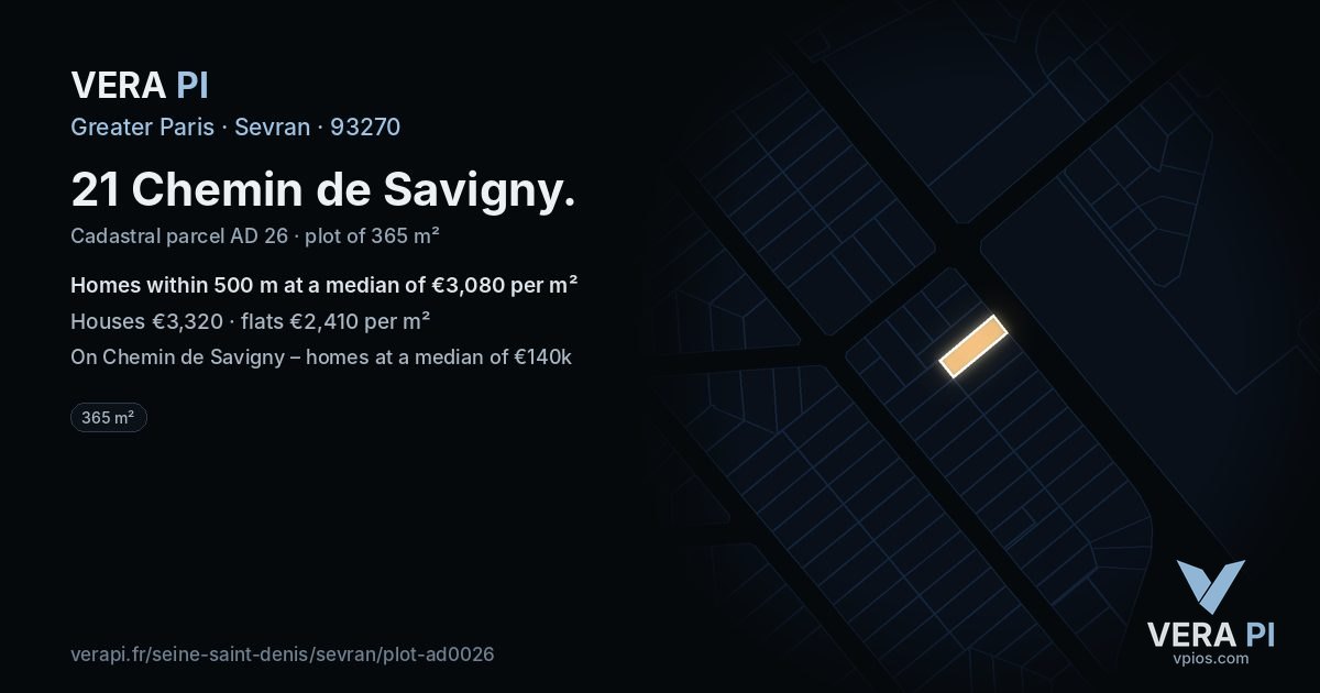 21 Chemin de Savigny, Sevran at night – the plot lit, the parcels around coloured by the prices near them