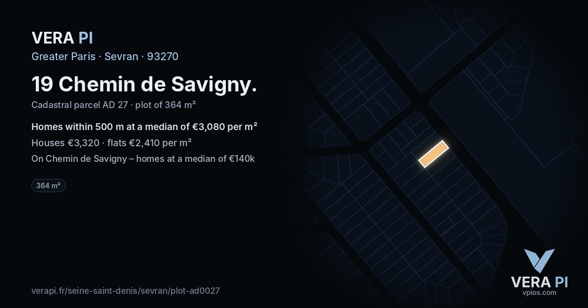 19 Chemin de Savigny, Sevran at night – the plot lit, the parcels around coloured by the prices near them