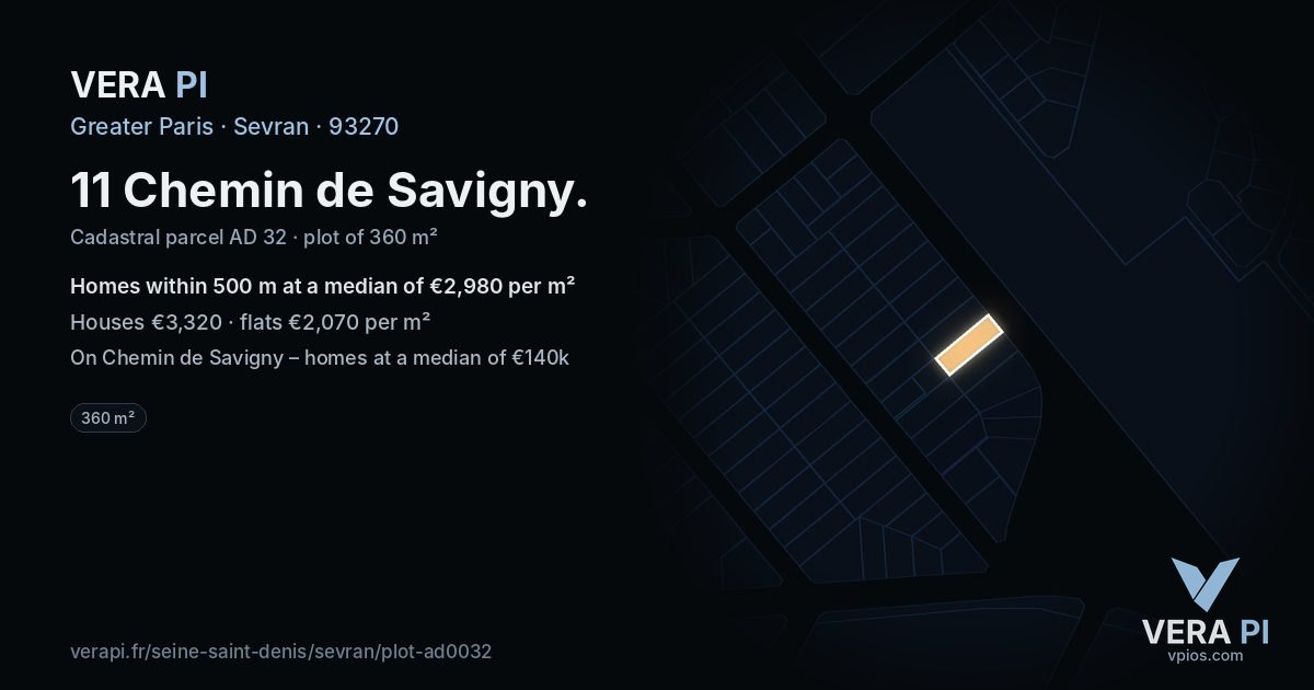 11 Chemin de Savigny, Sevran at night – the plot lit, the parcels around coloured by the prices near them