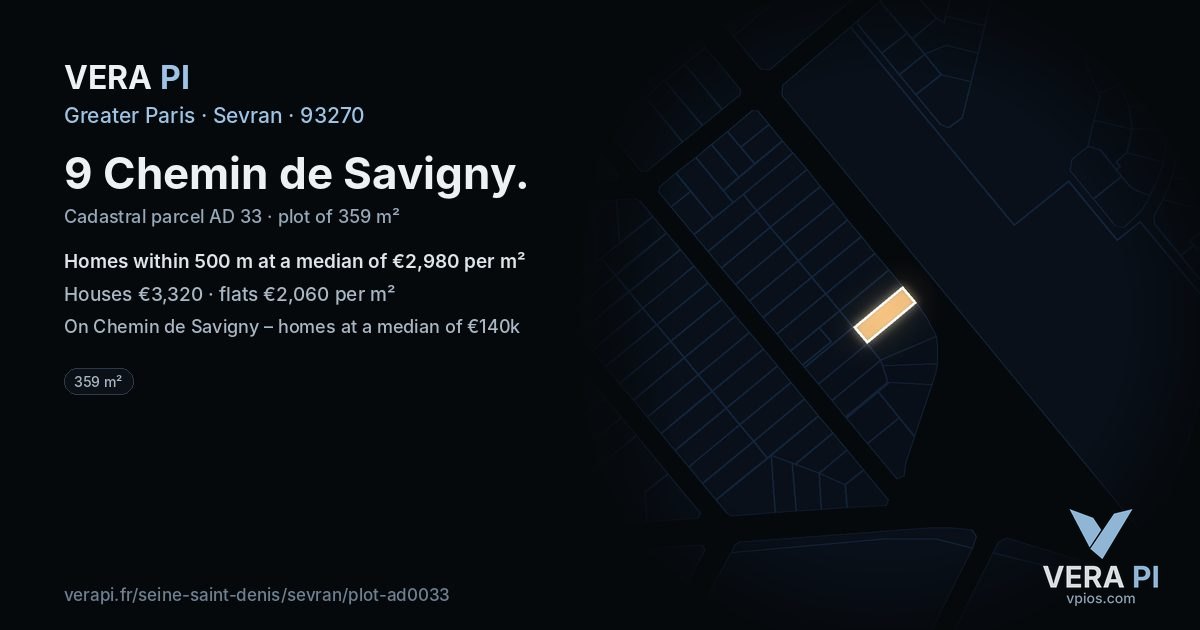 9 Chemin de Savigny, Sevran at night – the plot lit, the parcels around coloured by the prices near them