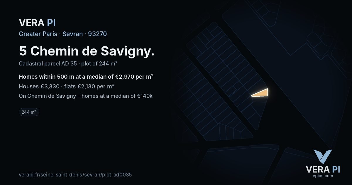 5 Chemin de Savigny, Sevran at night – the plot lit, the parcels around coloured by the prices near them