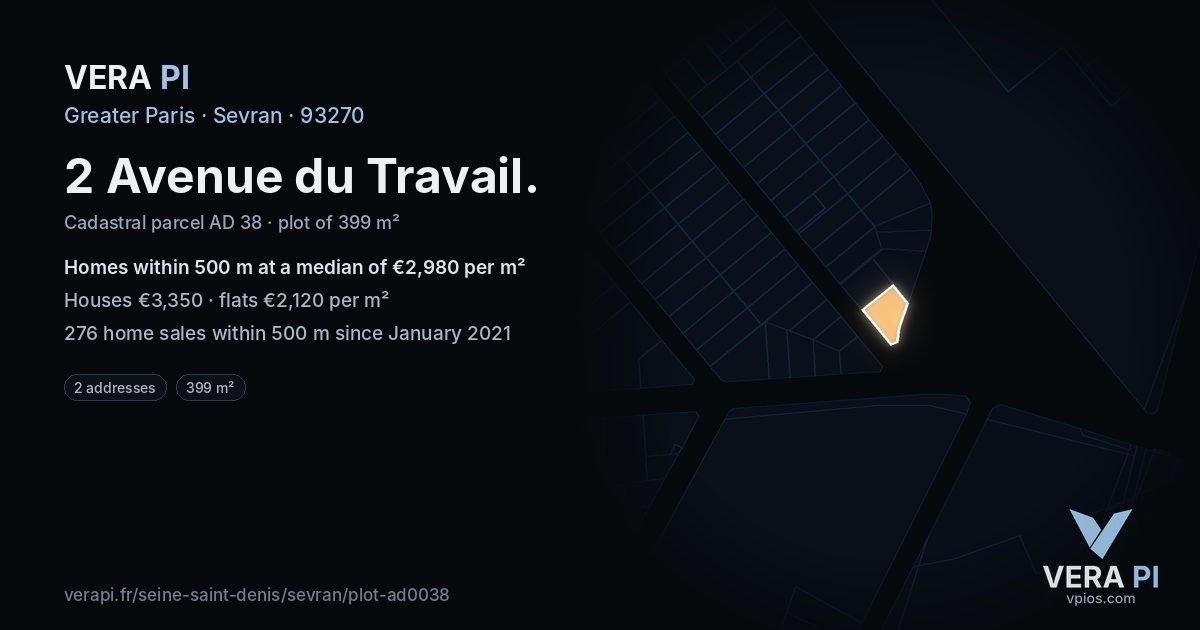 2 Avenue du Travail, Sevran at night – the plot lit, the parcels around coloured by the prices near them
