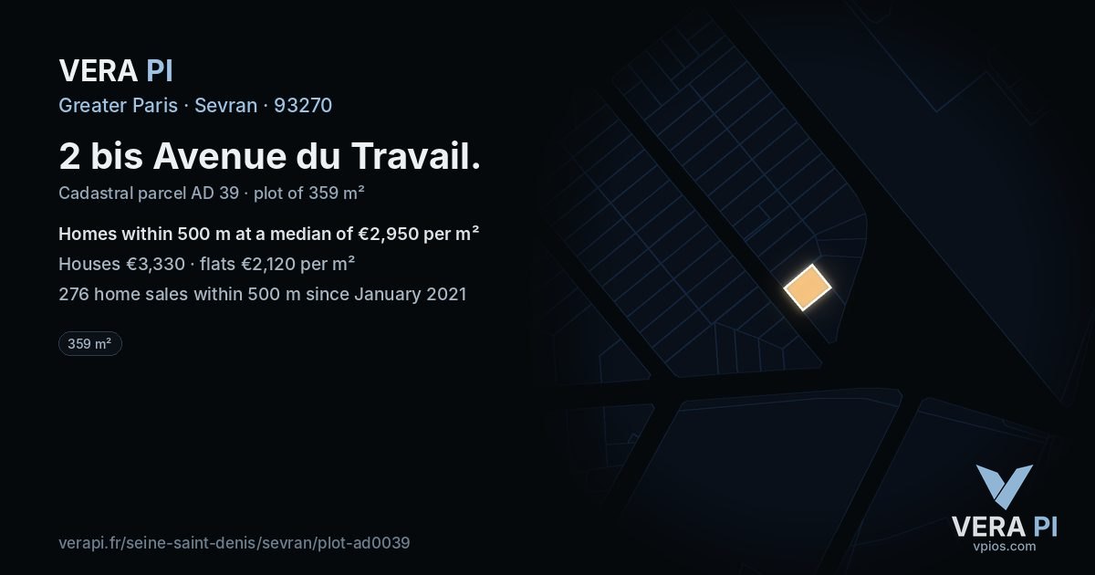 2 bis Avenue du Travail, Sevran at night – the plot lit, the parcels around coloured by the prices near them