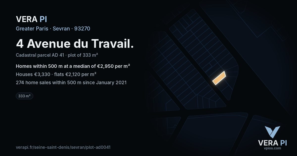 4 Avenue du Travail, Sevran at night – the plot lit, the parcels around coloured by the prices near them