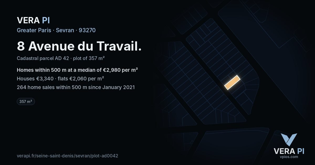 8 Avenue du Travail, Sevran at night – the plot lit, the parcels around coloured by the prices near them
