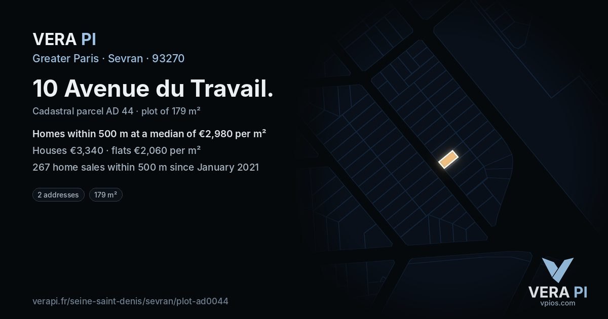 10 Avenue du Travail, Sevran at night – the plot lit, the parcels around coloured by the prices near them