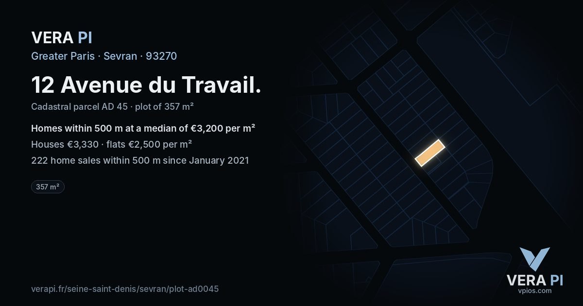 12 Avenue du Travail, Sevran at night – the plot lit, the parcels around coloured by the prices near them