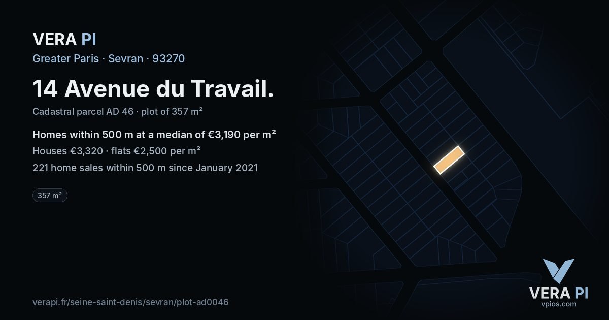 14 Avenue du Travail, Sevran at night – the plot lit, the parcels around coloured by the prices near them