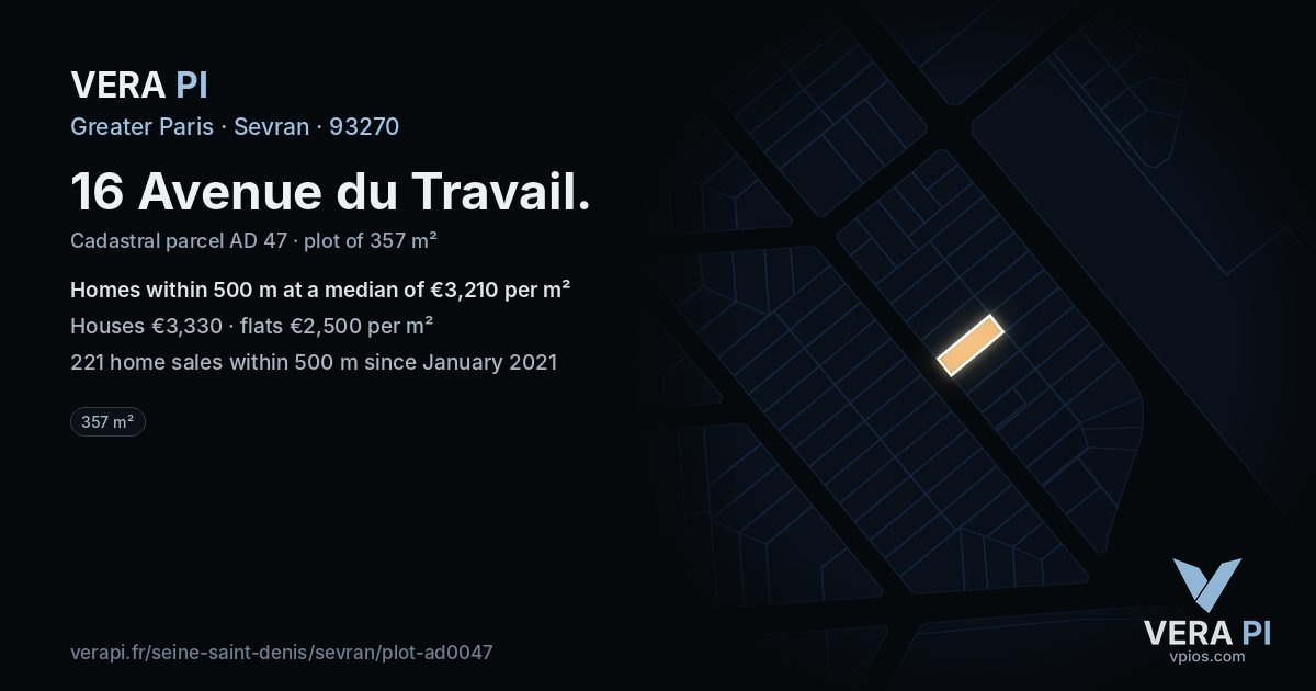 16 Avenue du Travail, Sevran at night – the plot lit, the parcels around coloured by the prices near them