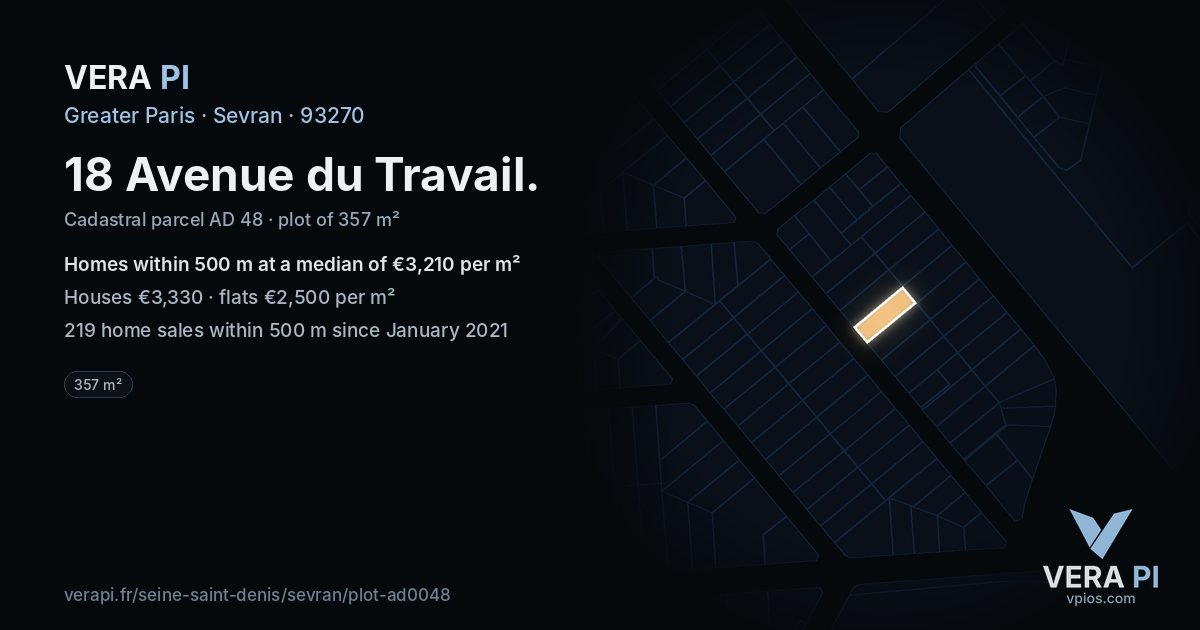 18 Avenue du Travail, Sevran at night – the plot lit, the parcels around coloured by the prices near them