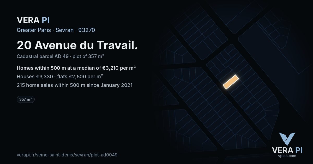 20 Avenue du Travail, Sevran at night – the plot lit, the parcels around coloured by the prices near them