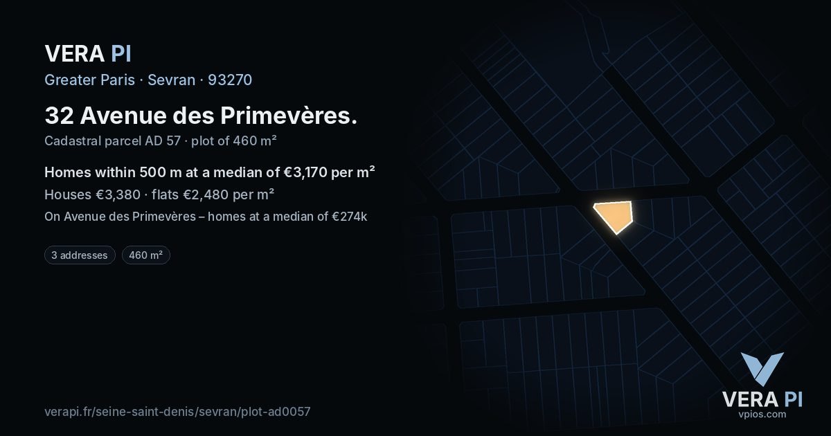 32 Avenue des Primevères, Sevran at night – the plot lit, the parcels around coloured by the prices near them