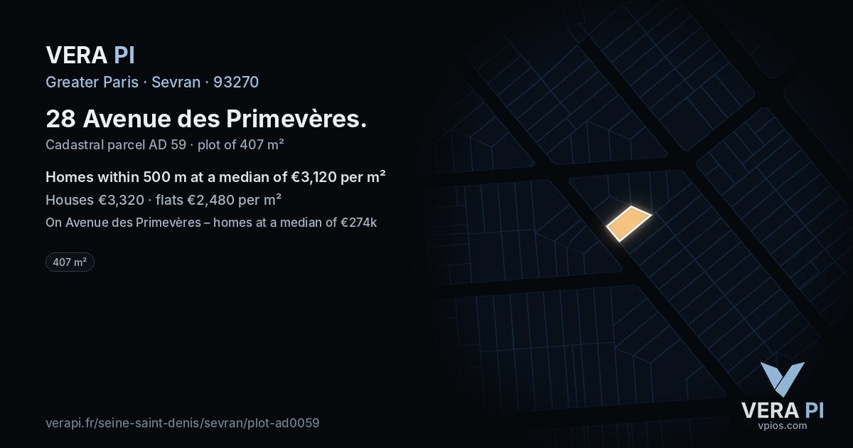 28 Avenue des Primevères, Sevran at night – the plot lit, the parcels around coloured by the prices near them