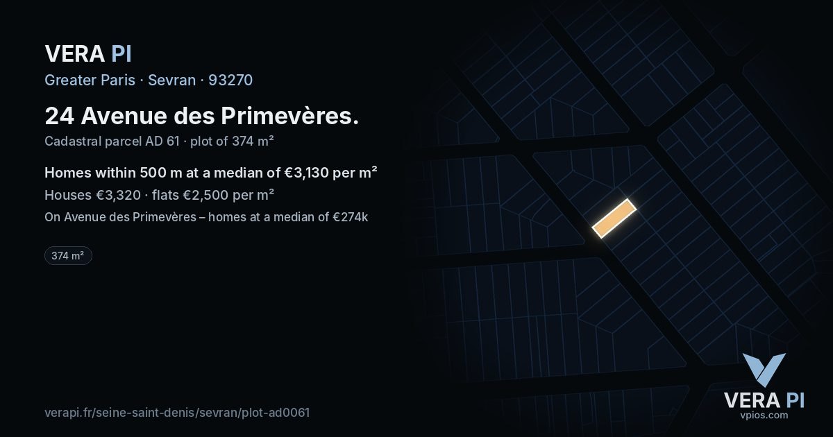 24 Avenue des Primevères, Sevran at night – the plot lit, the parcels around coloured by the prices near them