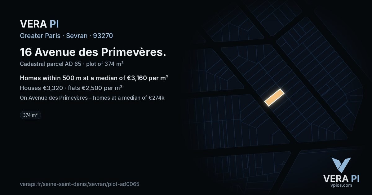 16 Avenue des Primevères, Sevran at night – the plot lit, the parcels around coloured by the prices near them