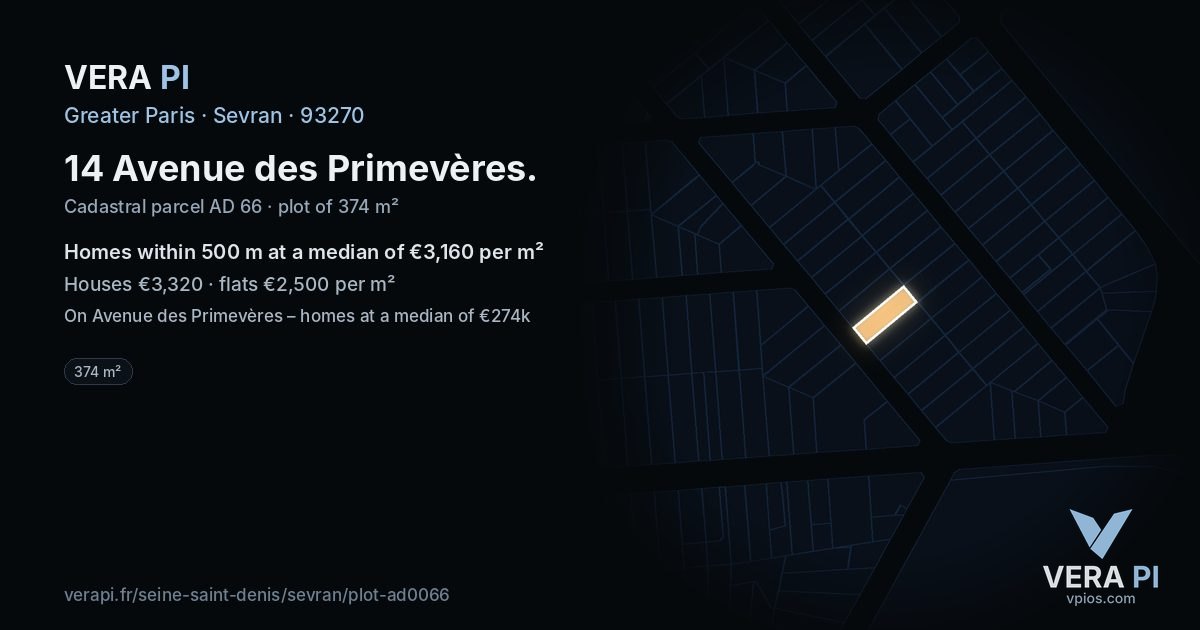 14 Avenue des Primevères, Sevran at night – the plot lit, the parcels around coloured by the prices near them