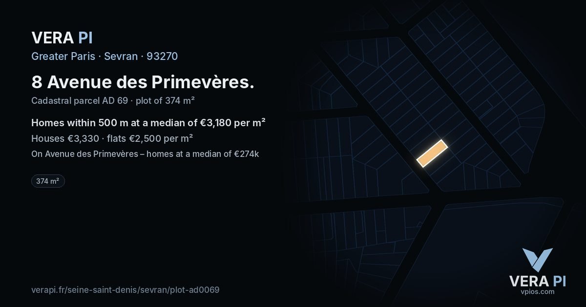 8 Avenue des Primevères, Sevran at night – the plot lit, the parcels around coloured by the prices near them