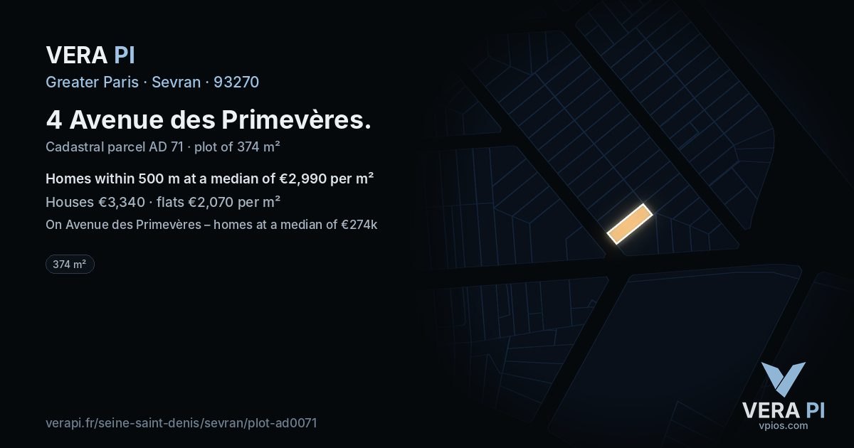 4 Avenue des Primevères, Sevran at night – the plot lit, the parcels around coloured by the prices near them