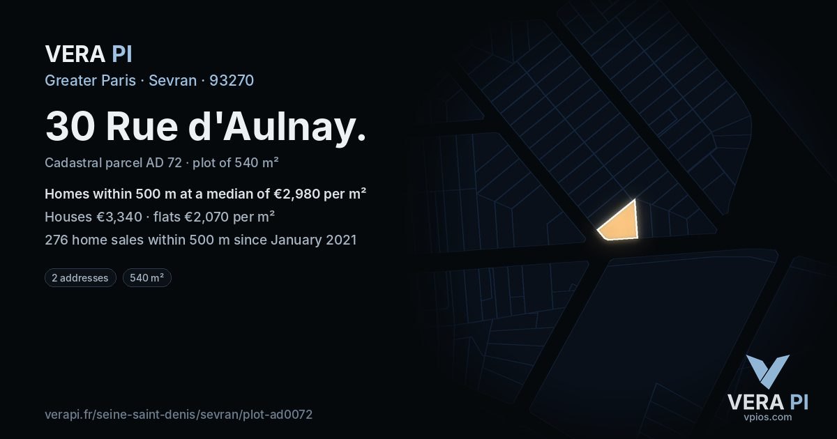 30 Rue d'Aulnay, Sevran at night – the plot lit, the parcels around coloured by the prices near them