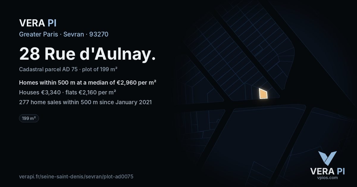 28 Rue d'Aulnay, Sevran at night – the plot lit, the parcels around coloured by the prices near them