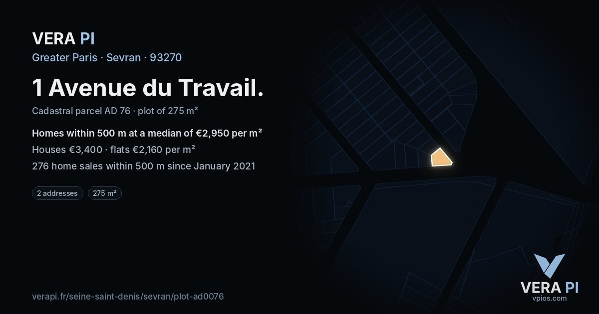 1 Avenue du Travail, Sevran at night – the plot lit, the parcels around coloured by the prices near them