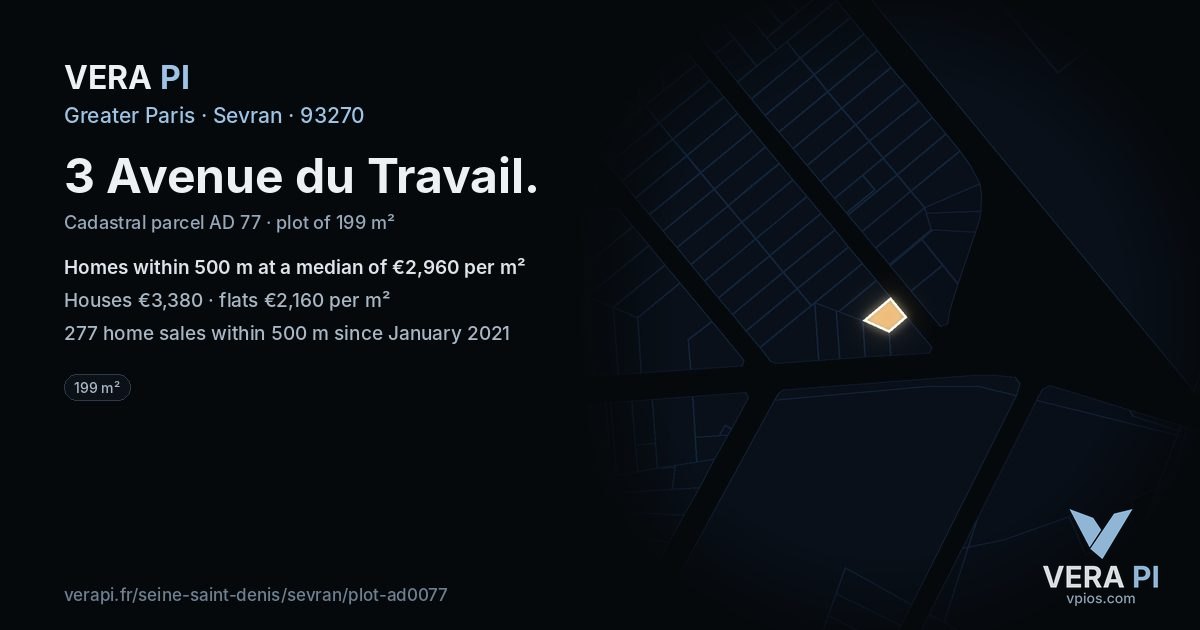 3 Avenue du Travail, Sevran at night – the plot lit, the parcels around coloured by the prices near them