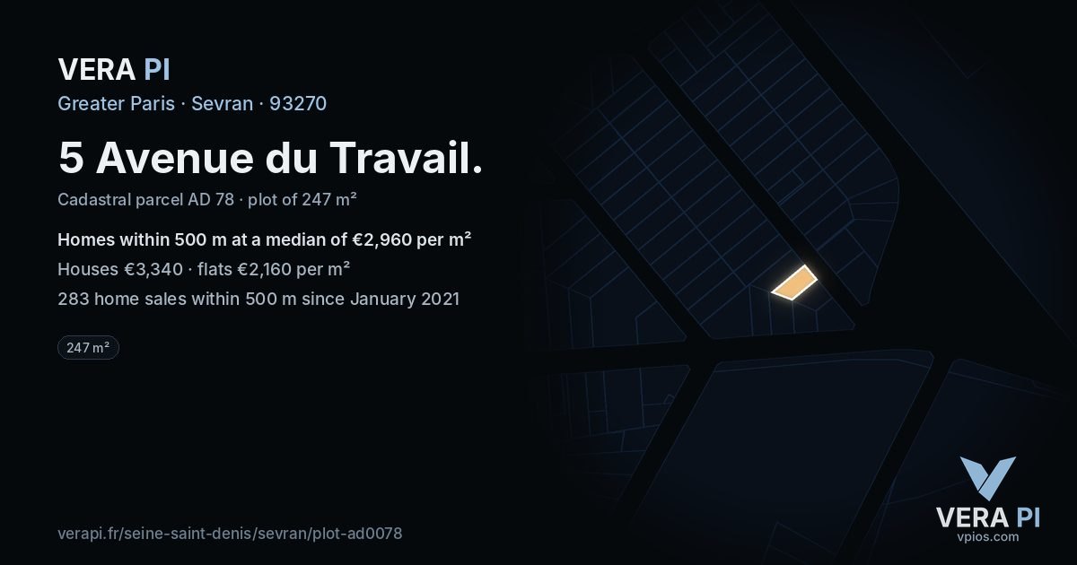 5 Avenue du Travail, Sevran at night – the plot lit, the parcels around coloured by the prices near them