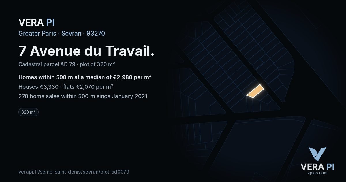 7 Avenue du Travail, Sevran at night – the plot lit, the parcels around coloured by the prices near them