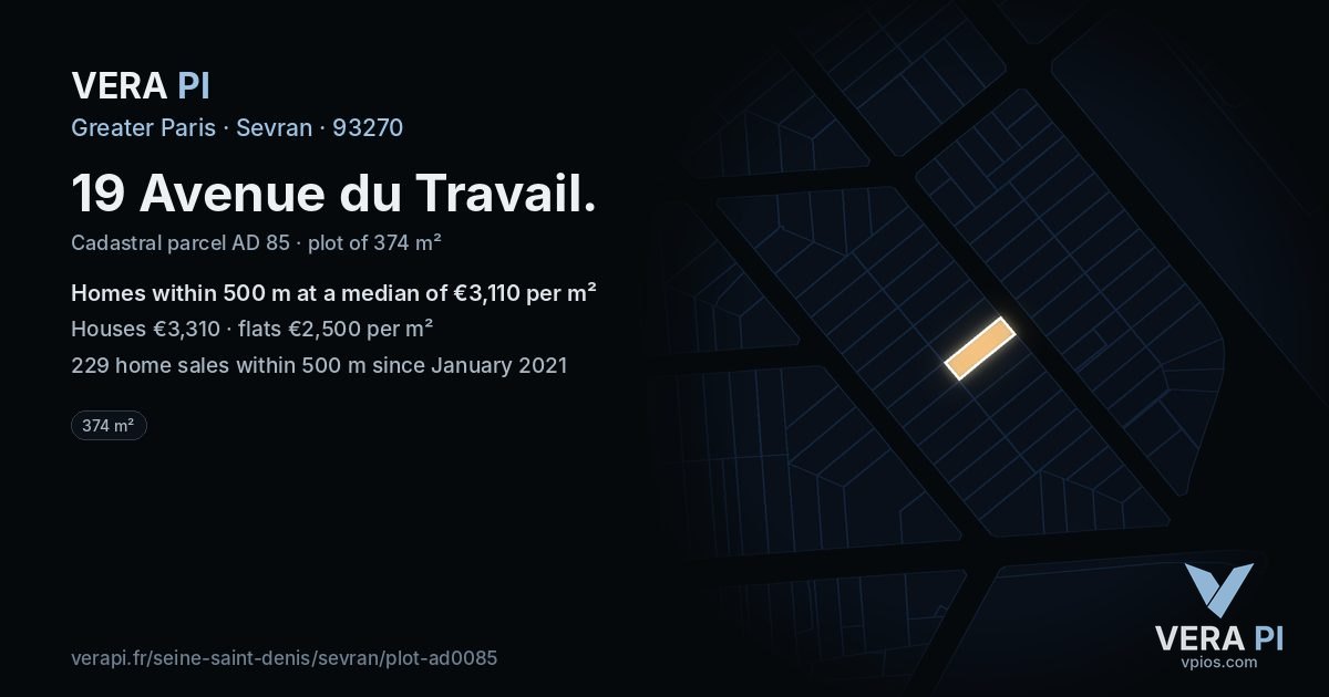 19 Avenue du Travail, Sevran at night – the plot lit, the parcels around coloured by the prices near them