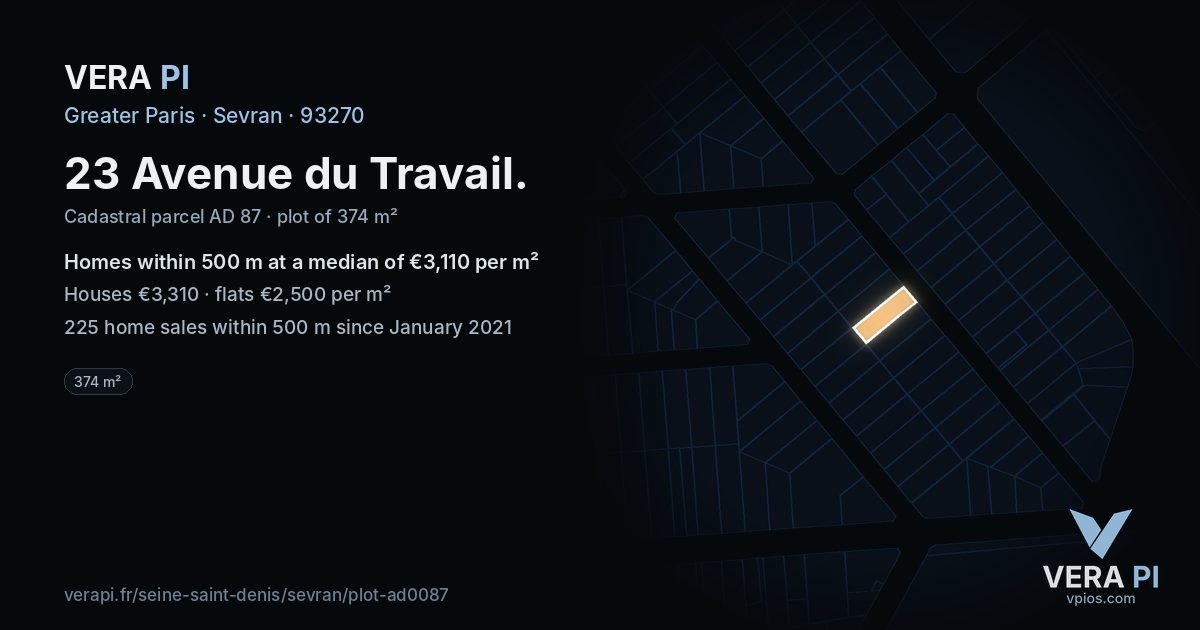 23 Avenue du Travail, Sevran at night – the plot lit, the parcels around coloured by the prices near them