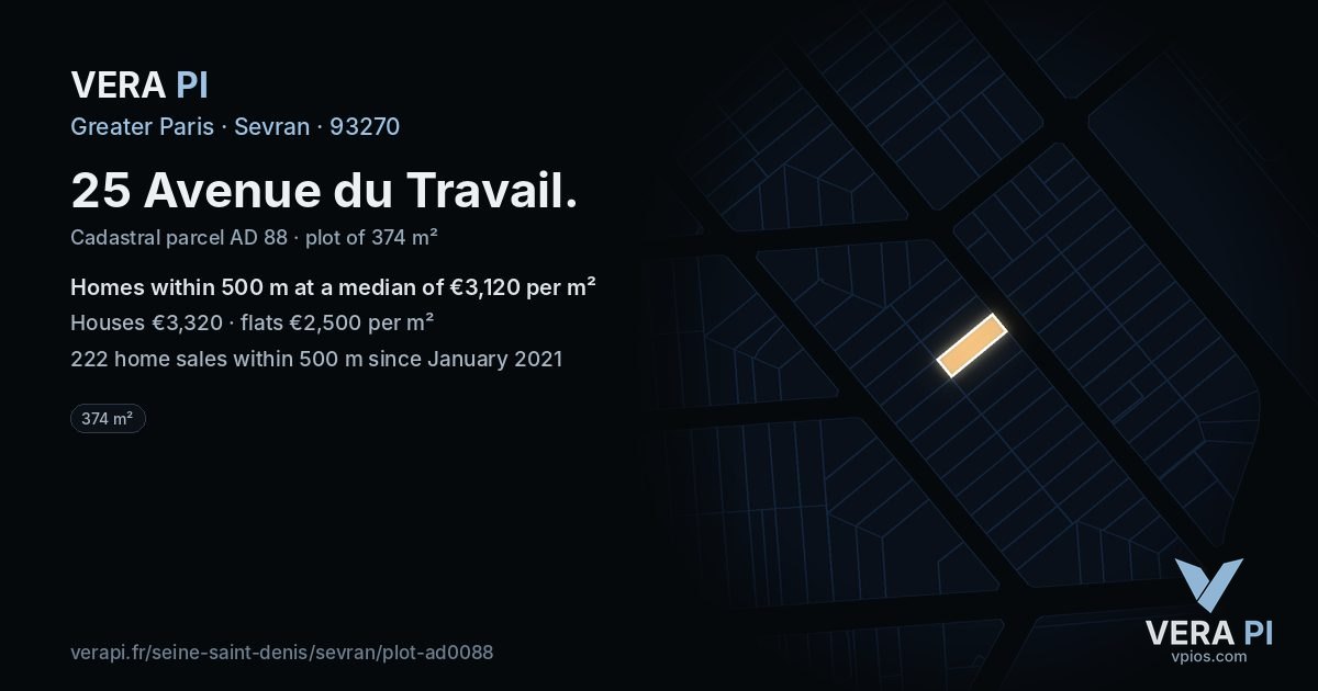 25 Avenue du Travail, Sevran at night – the plot lit, the parcels around coloured by the prices near them
