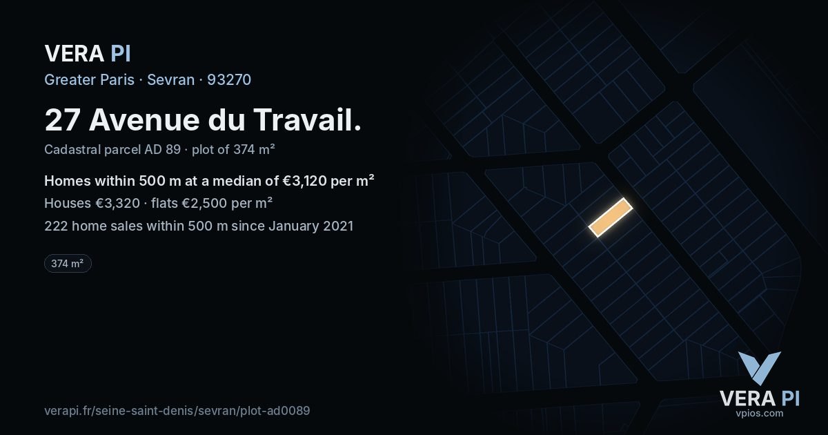 27 Avenue du Travail, Sevran at night – the plot lit, the parcels around coloured by the prices near them