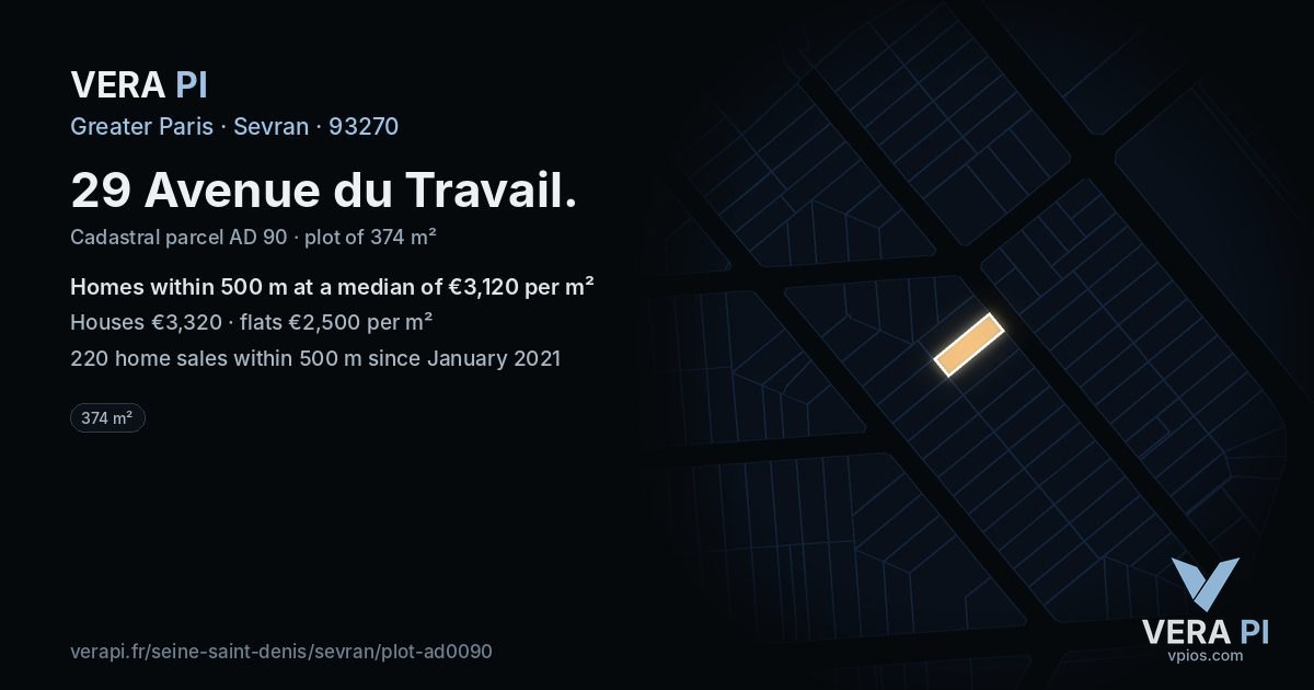 29 Avenue du Travail, Sevran at night – the plot lit, the parcels around coloured by the prices near them