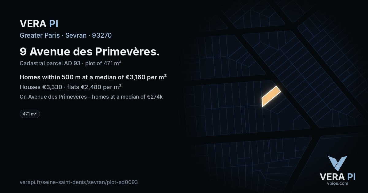 9 Avenue des Primevères, Sevran at night – the plot lit, the parcels around coloured by the prices near them
