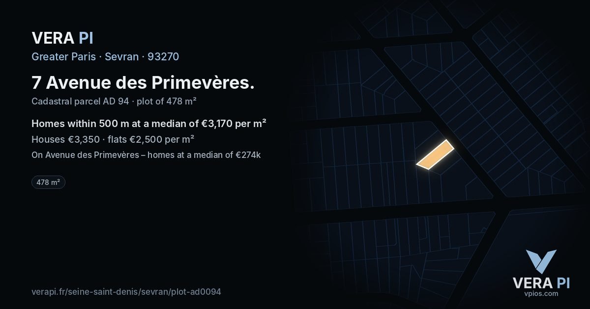 7 Avenue des Primevères, Sevran at night – the plot lit, the parcels around coloured by the prices near them