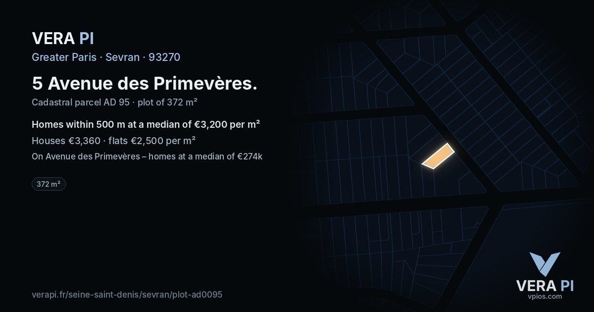 5 Avenue des Primevères, Sevran at night – the plot lit, the parcels around coloured by the prices near them