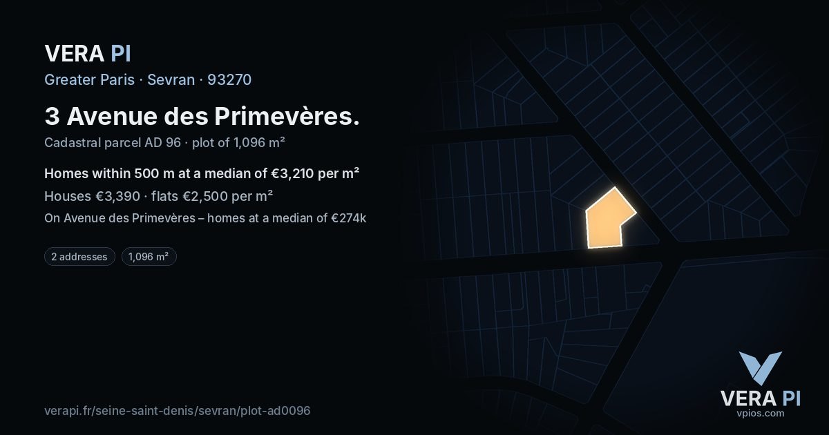 3 Avenue des Primevères, Sevran at night – the plot lit, the parcels around coloured by the prices near them