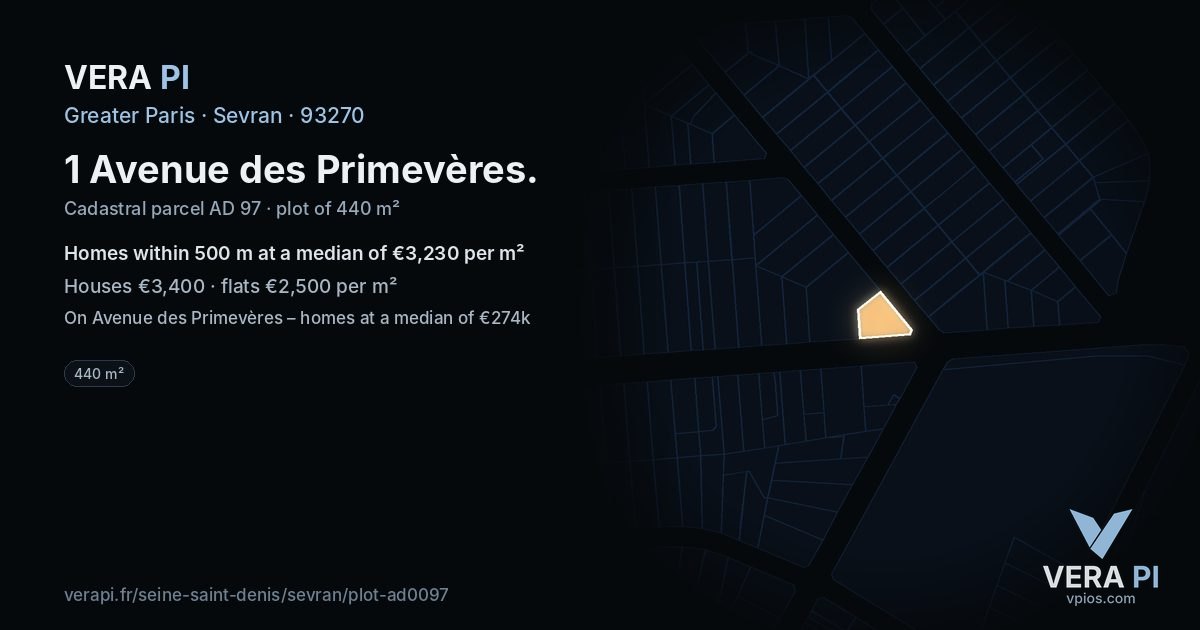 1 Avenue des Primevères, Sevran at night – the plot lit, the parcels around coloured by the prices near them