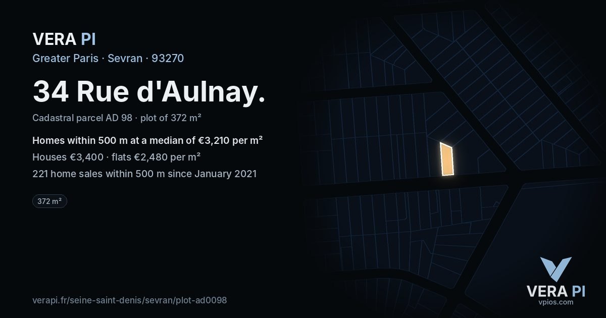 34 Rue d'Aulnay, Sevran at night – the plot lit, the parcels around coloured by the prices near them