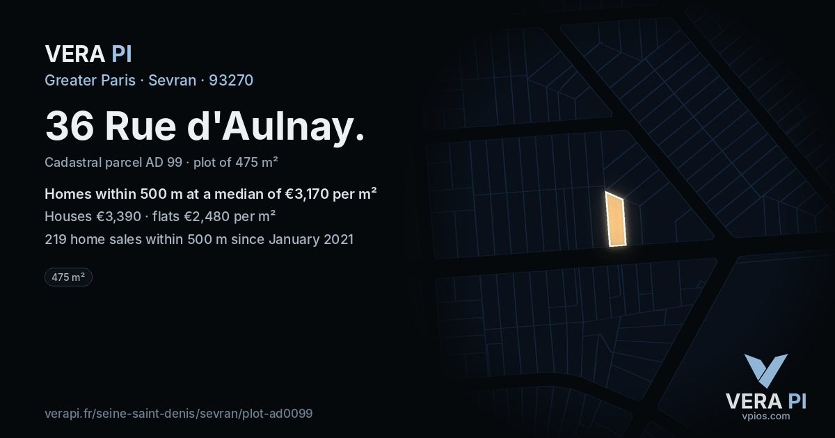 36 Rue d'Aulnay, Sevran at night – the plot lit, the parcels around coloured by the prices near them