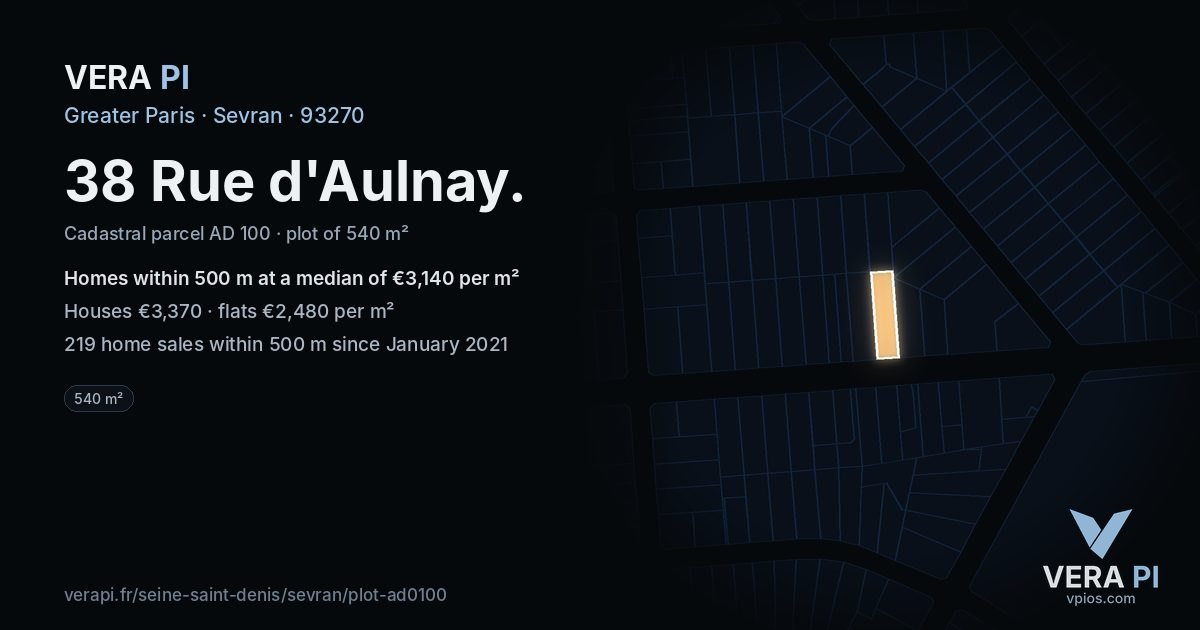 38 Rue d'Aulnay, Sevran at night – the plot lit, the parcels around coloured by the prices near them