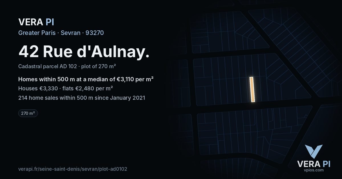 42 Rue d'Aulnay, Sevran at night – the plot lit, the parcels around coloured by the prices near them