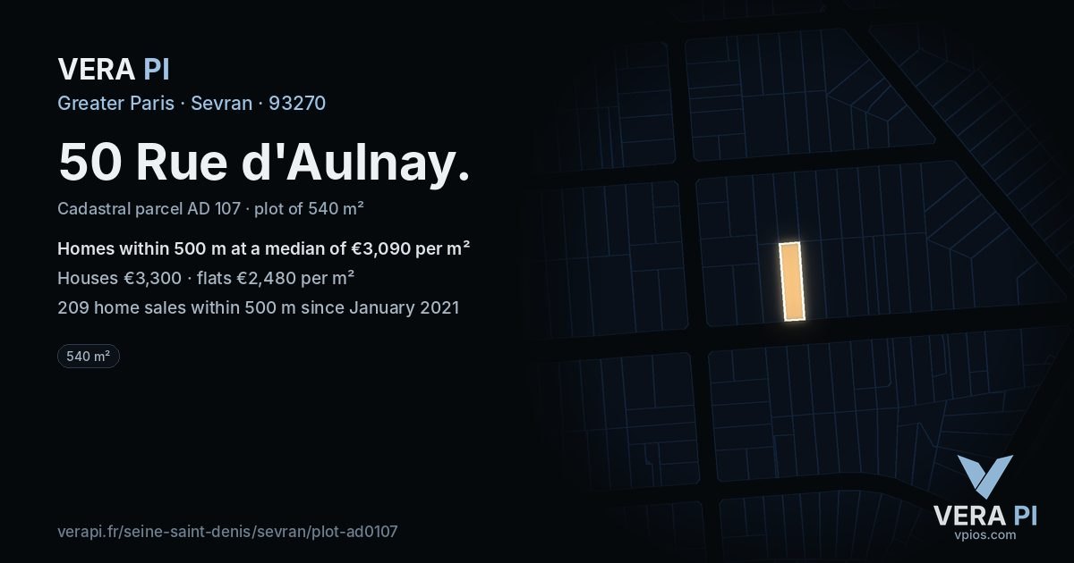50 Rue d'Aulnay, Sevran at night – the plot lit, the parcels around coloured by the prices near them