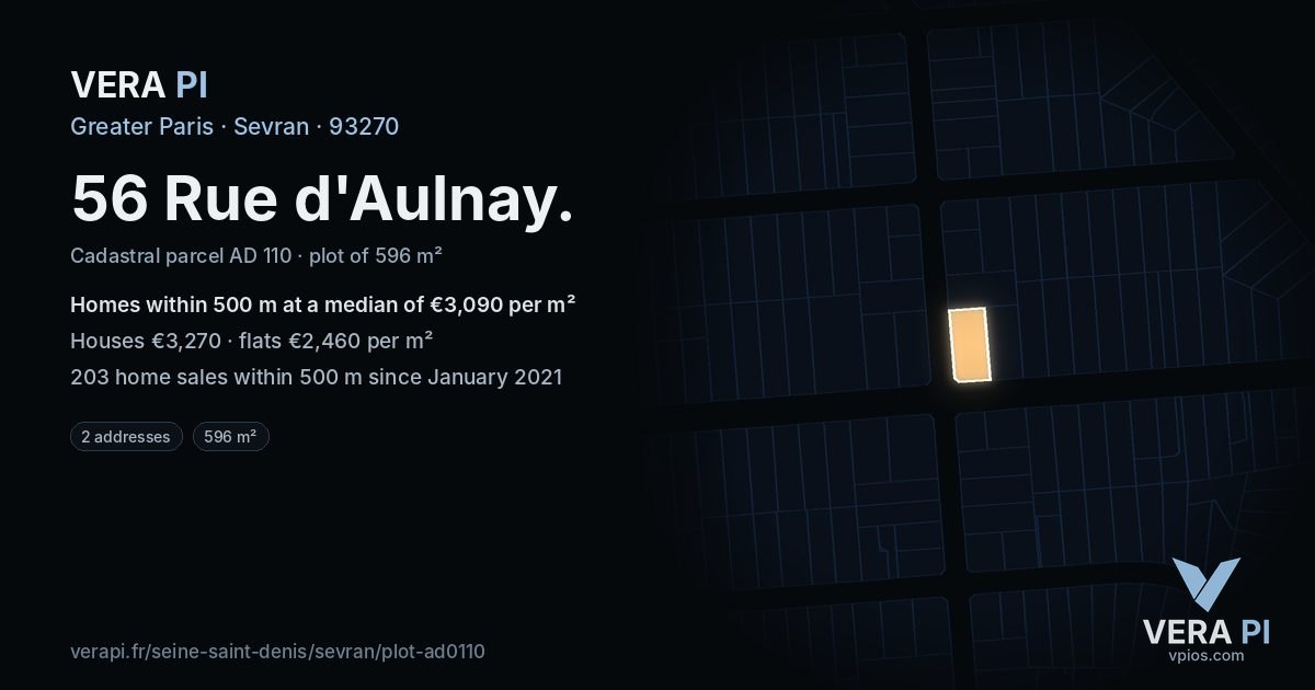 56 Rue d'Aulnay, Sevran at night – the plot lit, the parcels around coloured by the prices near them